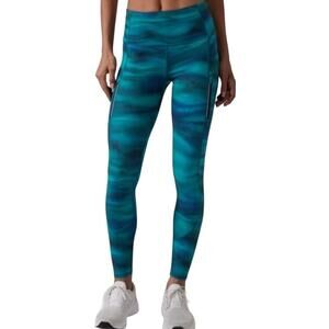 Athleta Rainier Printed Tights Leggings Zipper Pockets High Rise Yoga Blue Small